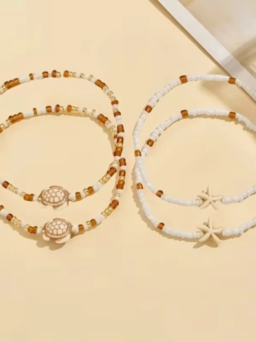 4pcs Beach Glass Rice Bead Anklet Chains Stacked Starfish and Sea Turtle